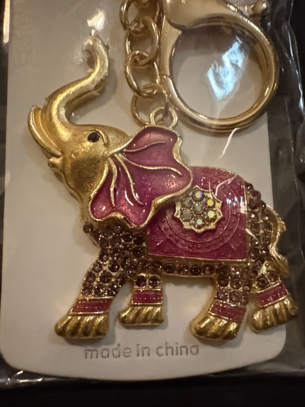 Mint Gold-Tone Keychain with Fuchsia Pink Enamel Elephant Charm w/ crystals NEW - Picture 2 of 3